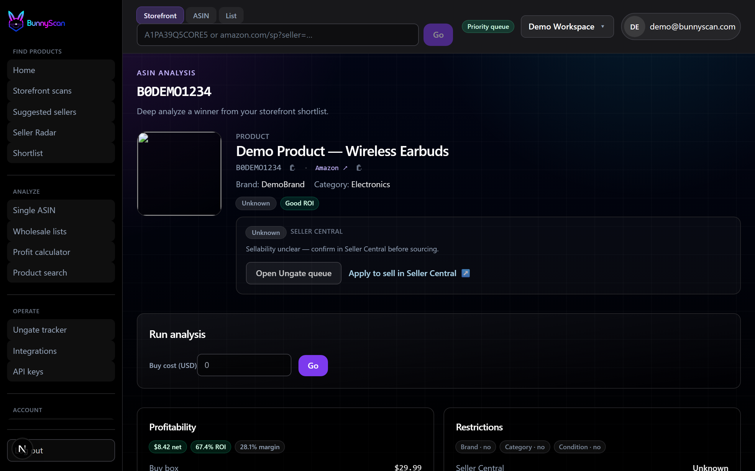 BunnyScan ASIN analysis with profit, competition, and demand signals