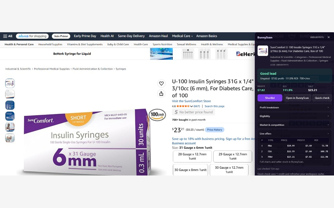 BunnyScan profit and offers detail on an Amazon product page
