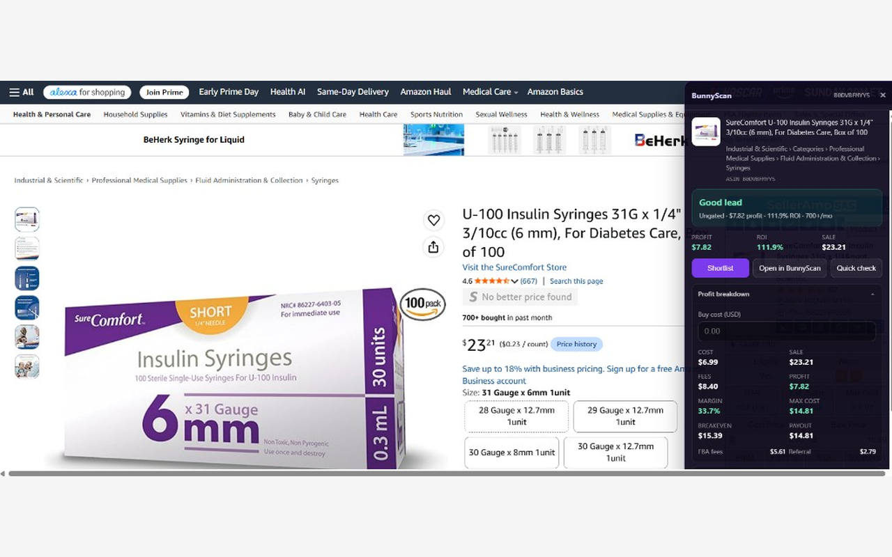 BunnyScan Chrome extension showing profit verdict and metrics on an Amazon product page