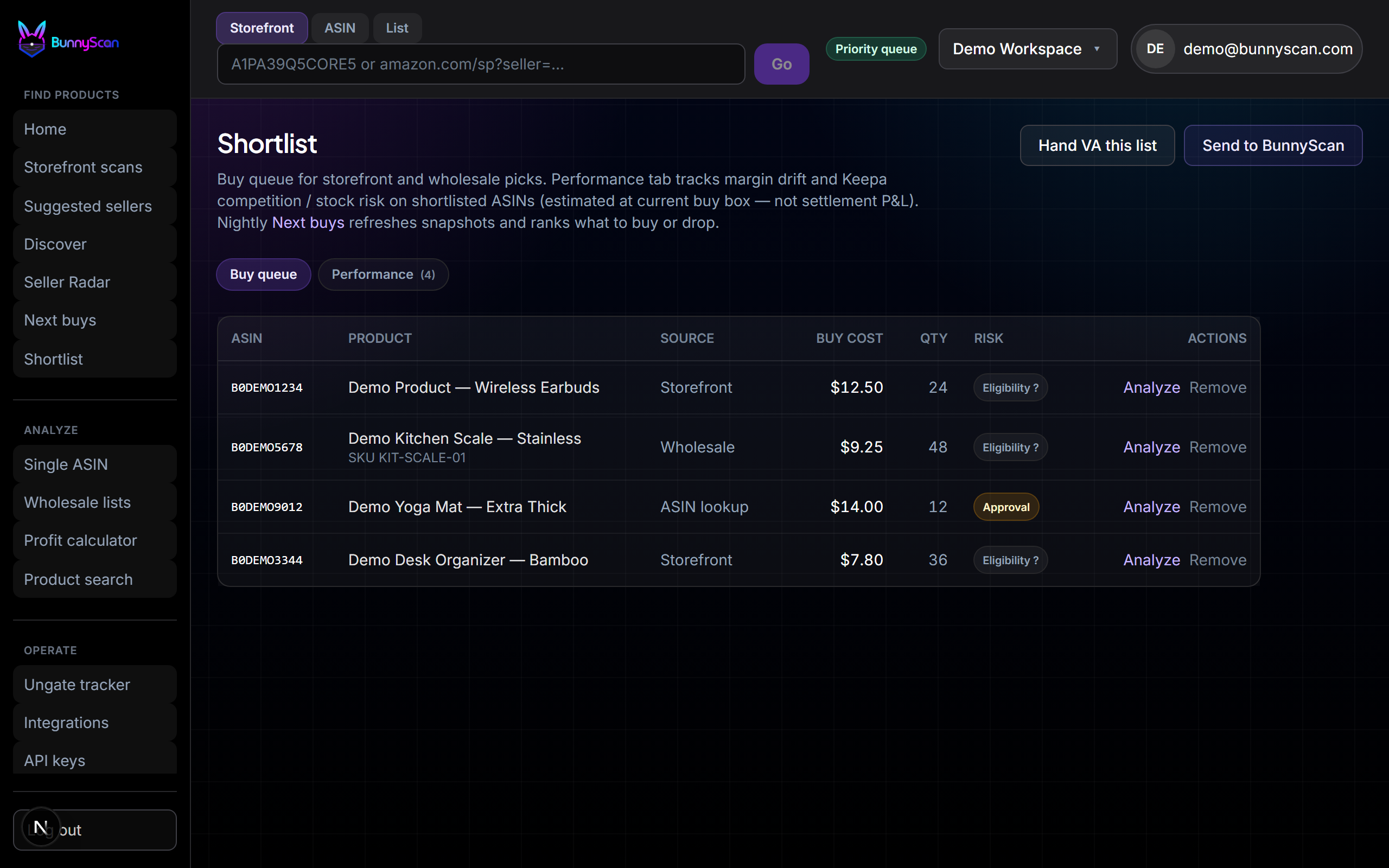 BunnyScan buy queue — shortlist of ASINs ready to approve