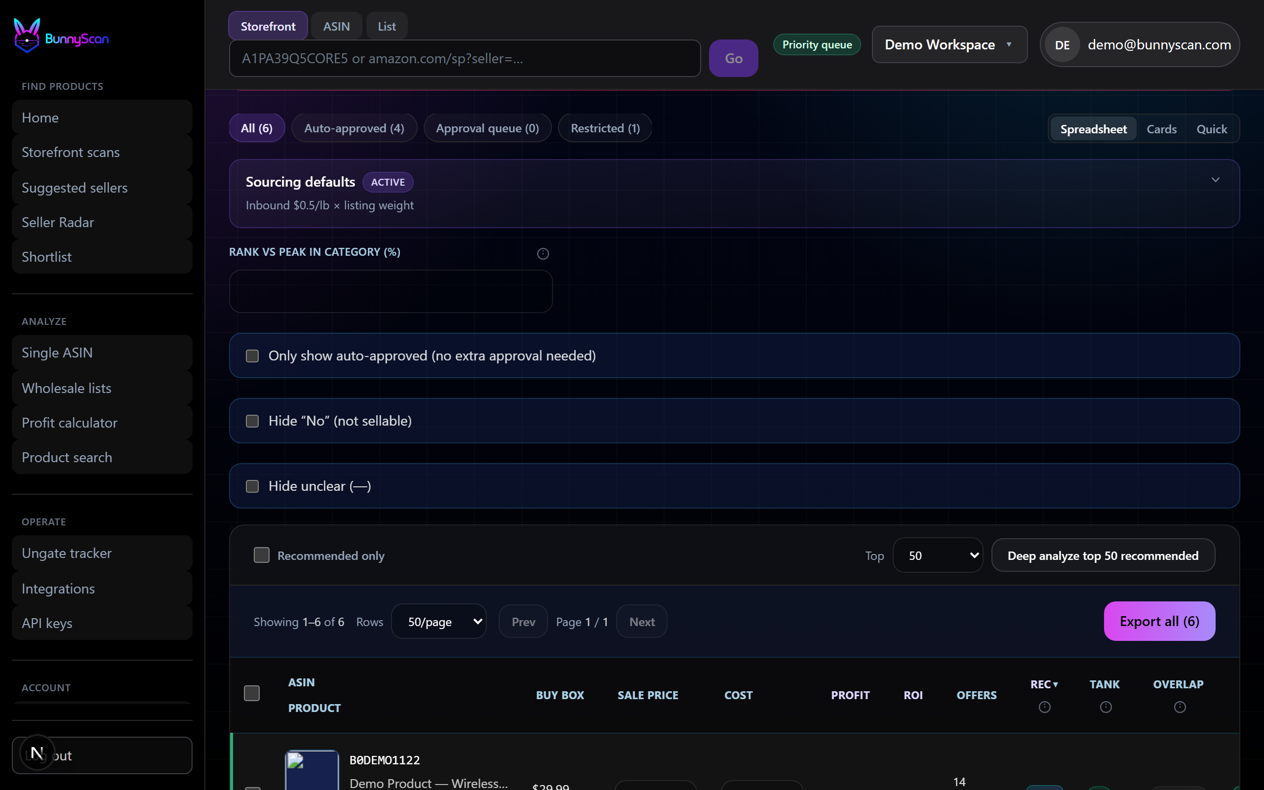 BunnyScan storefront scan with seller strength, eligibility, and scoring columns